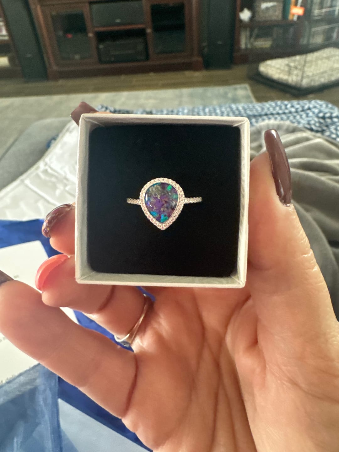 Customer photo review of Bedazzled Pear Opal Ring with Cremation Ashes