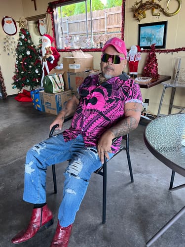 Customer photo review of Koa Ikaika Warrior Helmet with Shark Couples Matching Off Shoulder Maxi Dress and Hawaiian Shirt Pink Kakau Style LT9