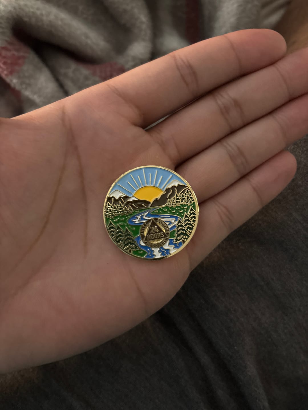 Customer photo review of 24 Hours Sobriety Mint Winding River Gold Plated AA Recovery Medallion - Twenty-Four Hours Chip/Coin