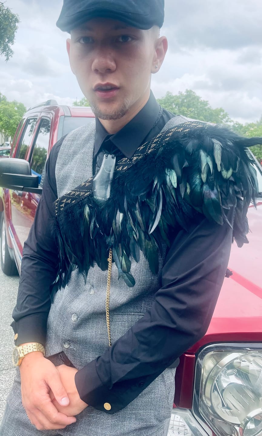Customer photo review of Short Black Maori Korowai With Gold Trim