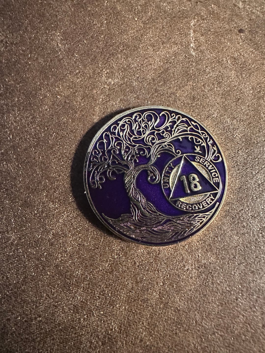 Customer photo review of 1 to 50 Year Sobriety Mint Twisted Tree of Life Gold Plated AA Recovery Medallion/Chip/Coin - Purple