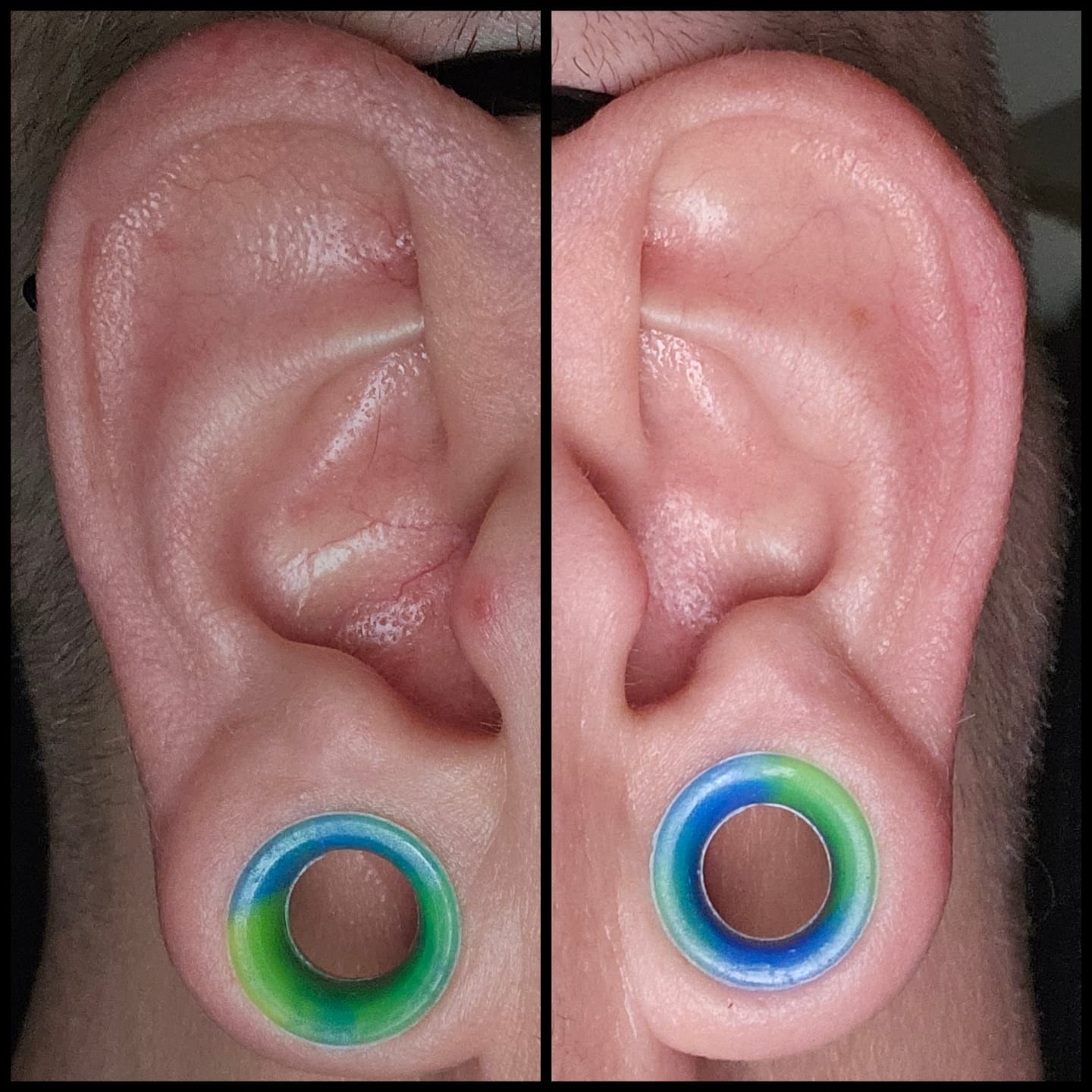 Customer photo review of 5-22mm Thin Silicone Flexible Blue Green Ear Tunnels Double Flared Expander Ear Gauges