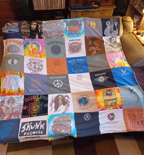 T-shirt quilt with music, cultural themes themes by Amanda from WI