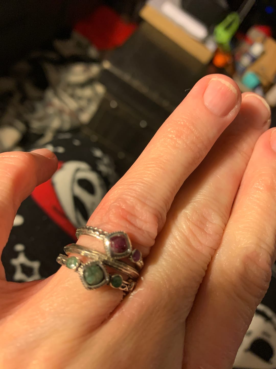 Customer photo review of Ruby and Emerald Stackable Ring Set
