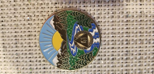 Customer photo review of 1 to 65 Year Sobriety Mint Winding River Gold Plated AA Recovery Medallion/Chip/Coin