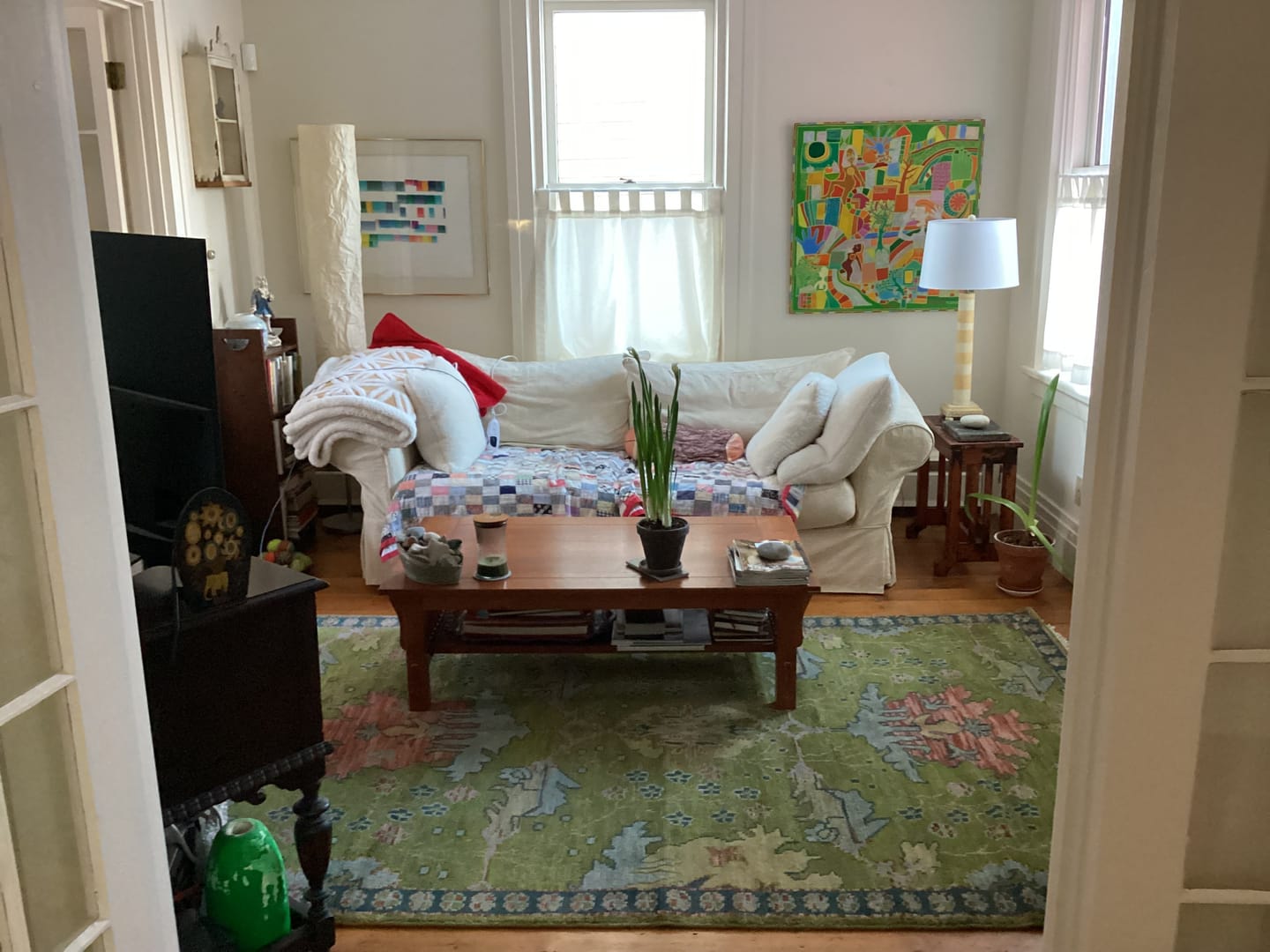 Customer photo review of 8x10, 9x12, 10x14 and 12x15 Moss Green, Blue and Peach Hand Knotted Vibrant colorful Donegal Design Wool Rug | TRDCP1491