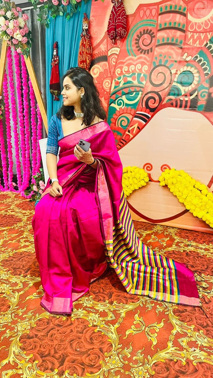 Customer photo review of Raw Silk Rani Pink Sari with Multicolor Stripe Pallu