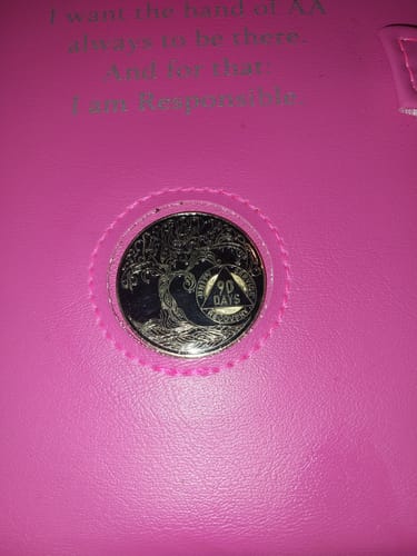 Customer photo review of 90 Days Sobriety Mint Twisted Tree of Life Gold Plated AA Recovery Medallion - 3 Months Chip/Coin - Black