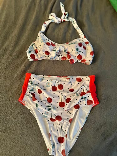 Customer photo review of White 1950s Cherry Lace-Up Halter Swimsuit
