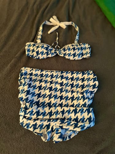 Customer photo review of Blue 1940s Houndstooth Bow Halter Swimsuit