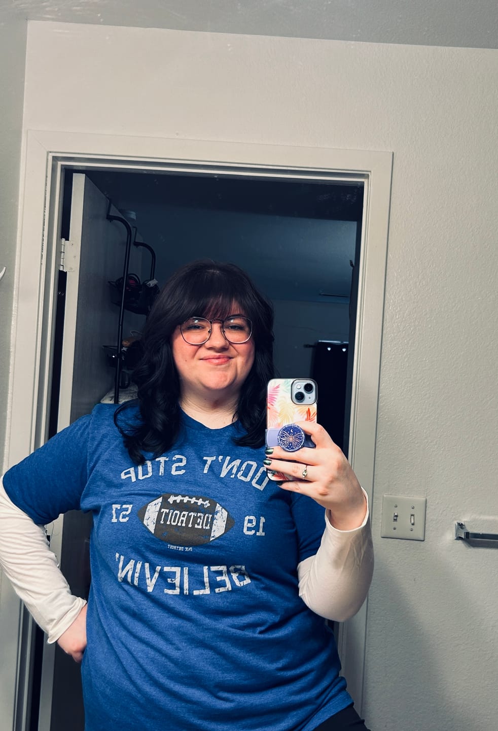 Customer photo review of Ink Detroit Don't Stop Believin’ 1957 T-Shirt - Royal Blue