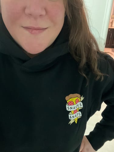 Customer photo review of Snacks and Naps Hoodie