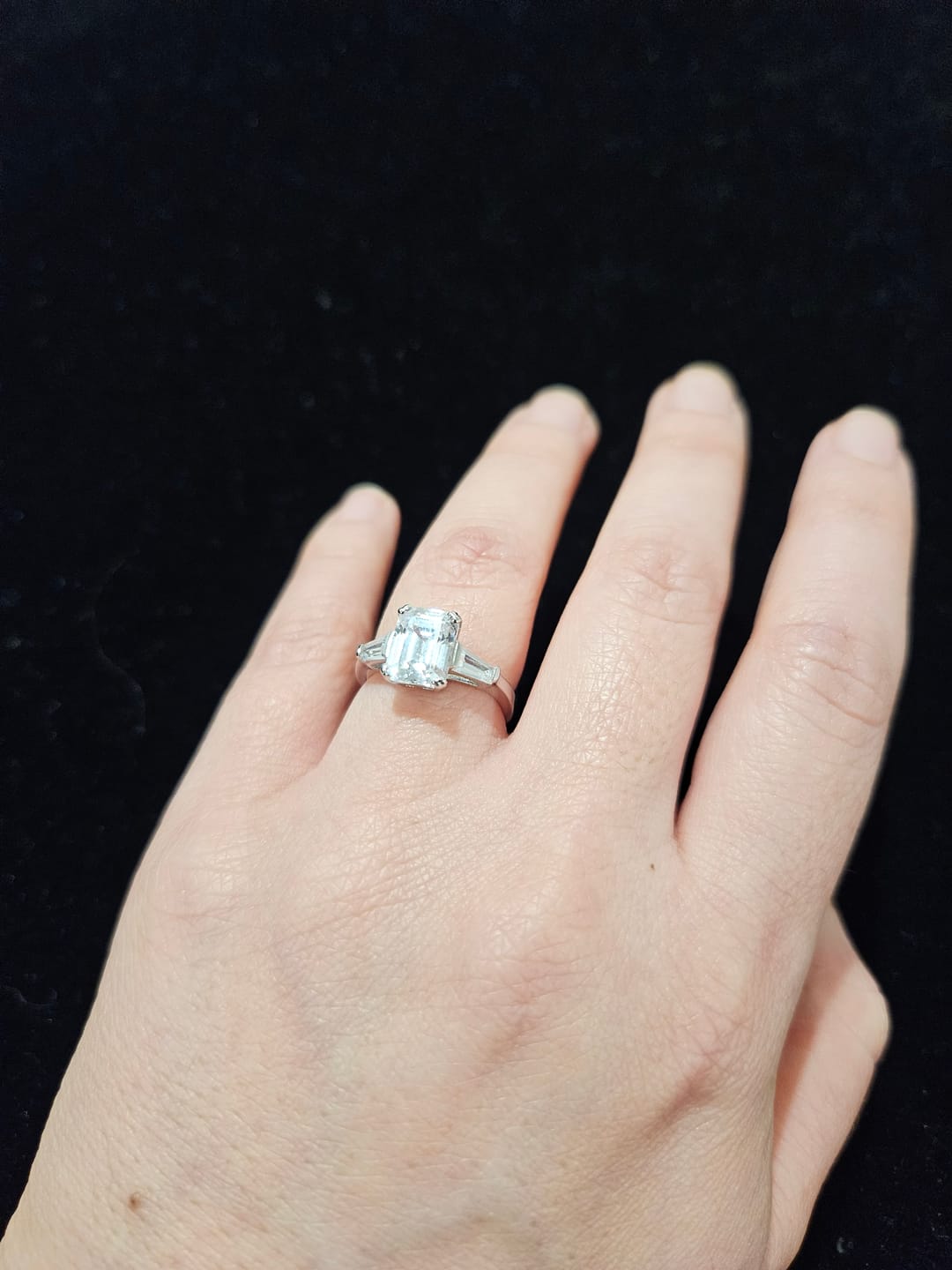 Customer photo review of 3-Stone 2.1ct Emerald Cut CZ Ring in Sterling Silver
