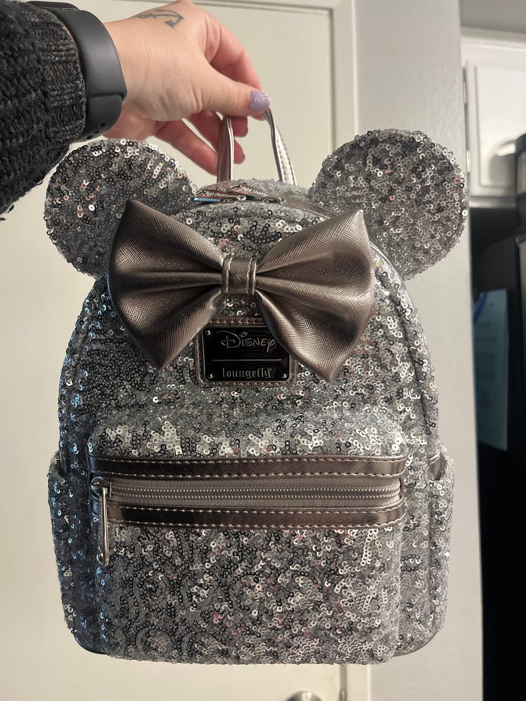 Customer photo review of 707 Street Exclusive - Loungefly Disney Minnie Mouse Silver Sequin Mini Backpack