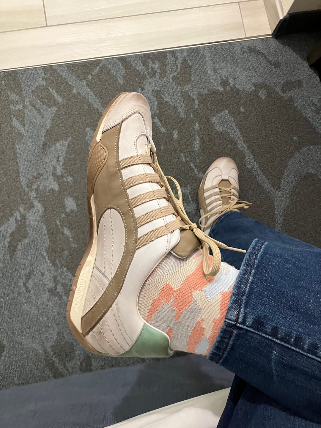 Customer photo review of Men's GrandPrix Sneaker in Torino (Soft White, Taupe, and Green)