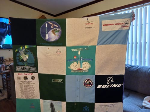 T-shirt quilt with aerospace engineering, space exploration themes by Coleen from FL