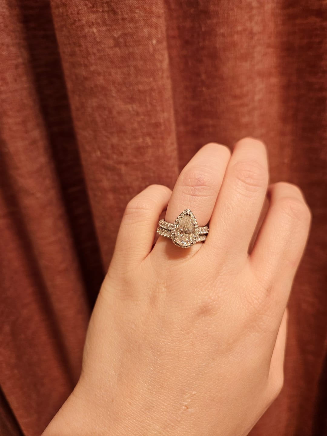 Customer photo review of Halo Pear Moissanite Triple Row Pave Engagement Ring