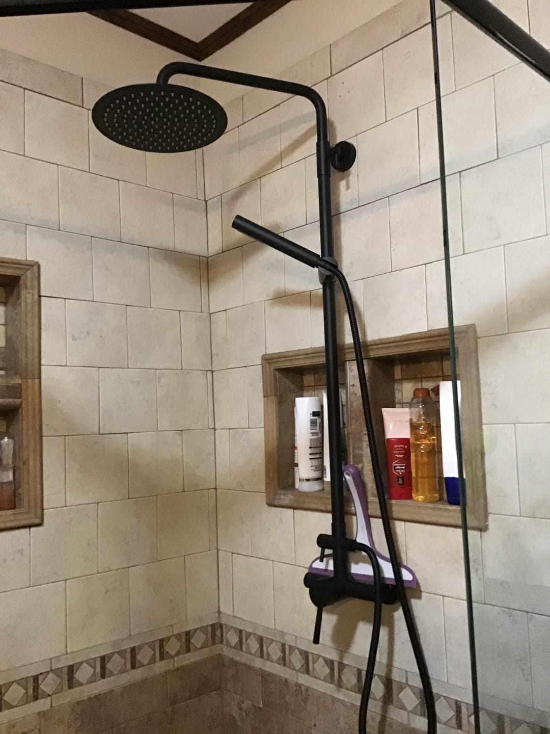Customer photo review of Outdoor Shower Fixture with SUS 304 Stainless Steel 10 Inch Rainfall Shower Head and Adjustable Slide Bar JK0145