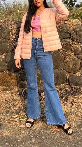 Customer photo review of Boot Cut Whisker Washed Jeans - Aqua Blue