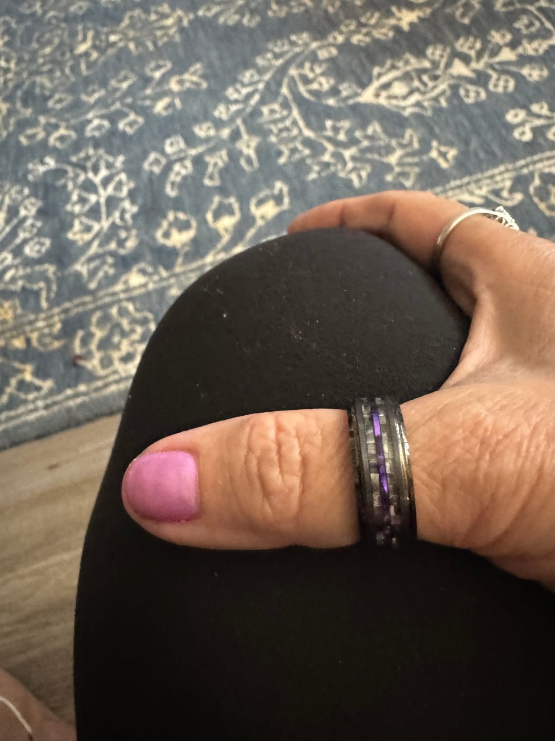 Customer photo review of 8mm - Tungsten Gunmetal wedding Rings, Carbon Fiber W/ Purple Wood Wedding Band