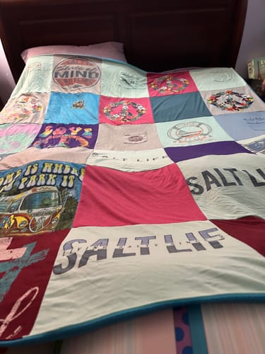 T-shirt quilt with beach life, outdoor activities themes by Bonnie from NC
