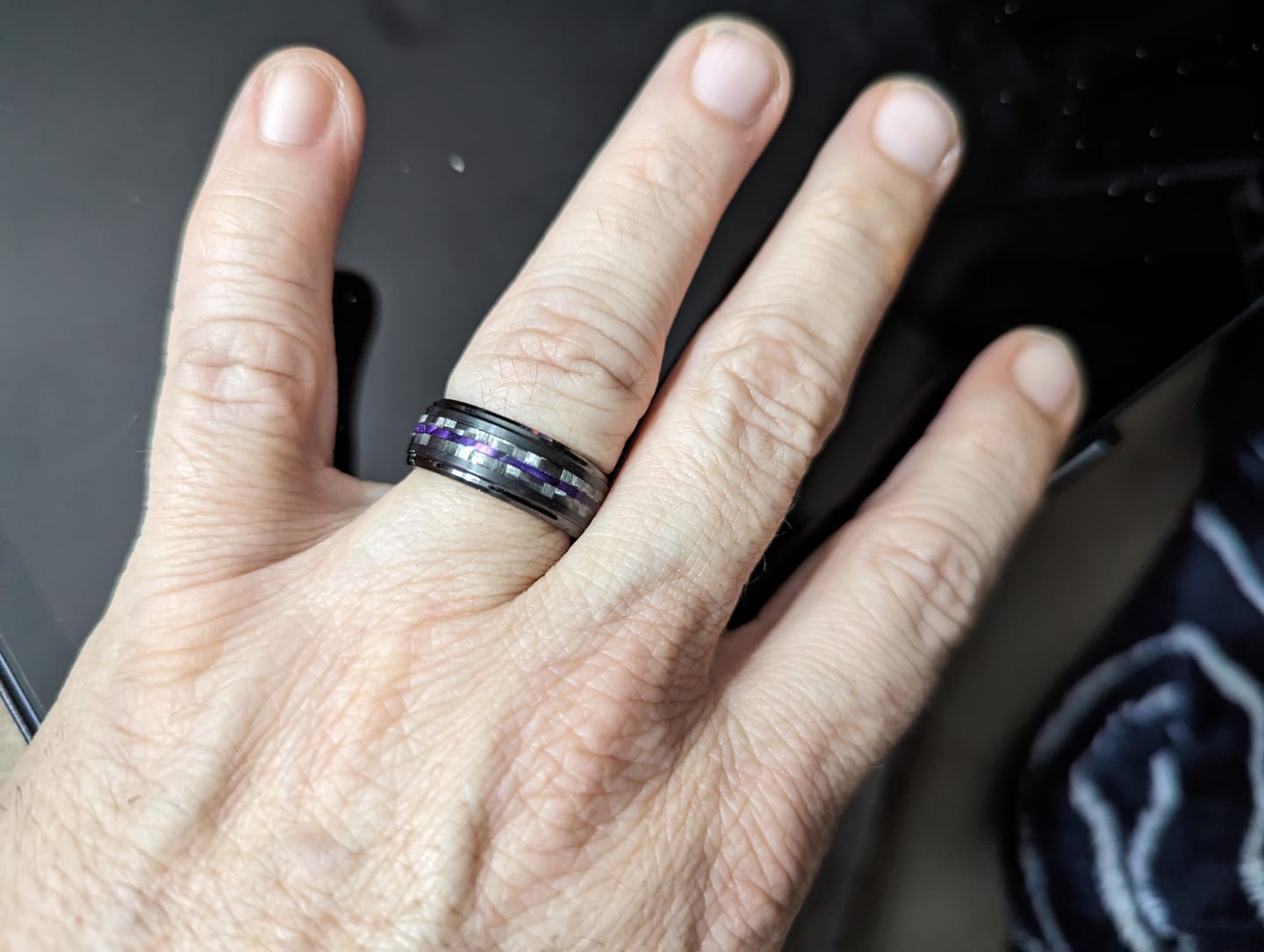 Customer photo review of 8mm - Tungsten Gunmetal wedding Rings, Carbon Fiber W/ Purple Wood Wedding Band