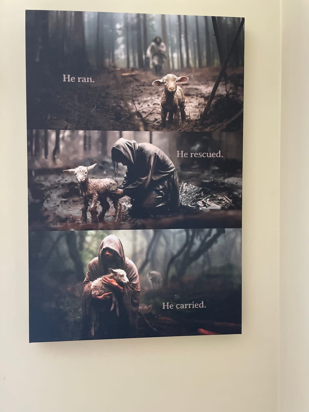 Customer photo review of He Ran, He Rescued, He Carried, Jesus and Lost Sheep, Wall Art Canvas