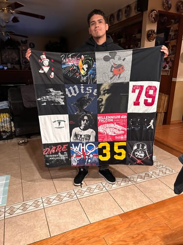 T-shirt quilt with music, pop culture themes by Paul from CA