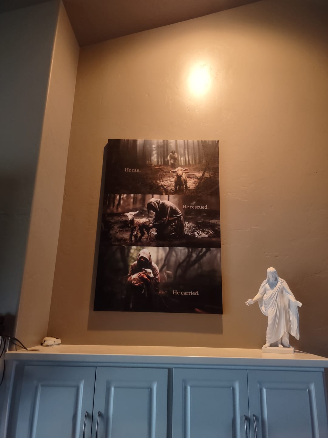 Customer photo review of He Ran, He Rescued, He Carried, Jesus and Lost Sheep, Wall Art Canvas
