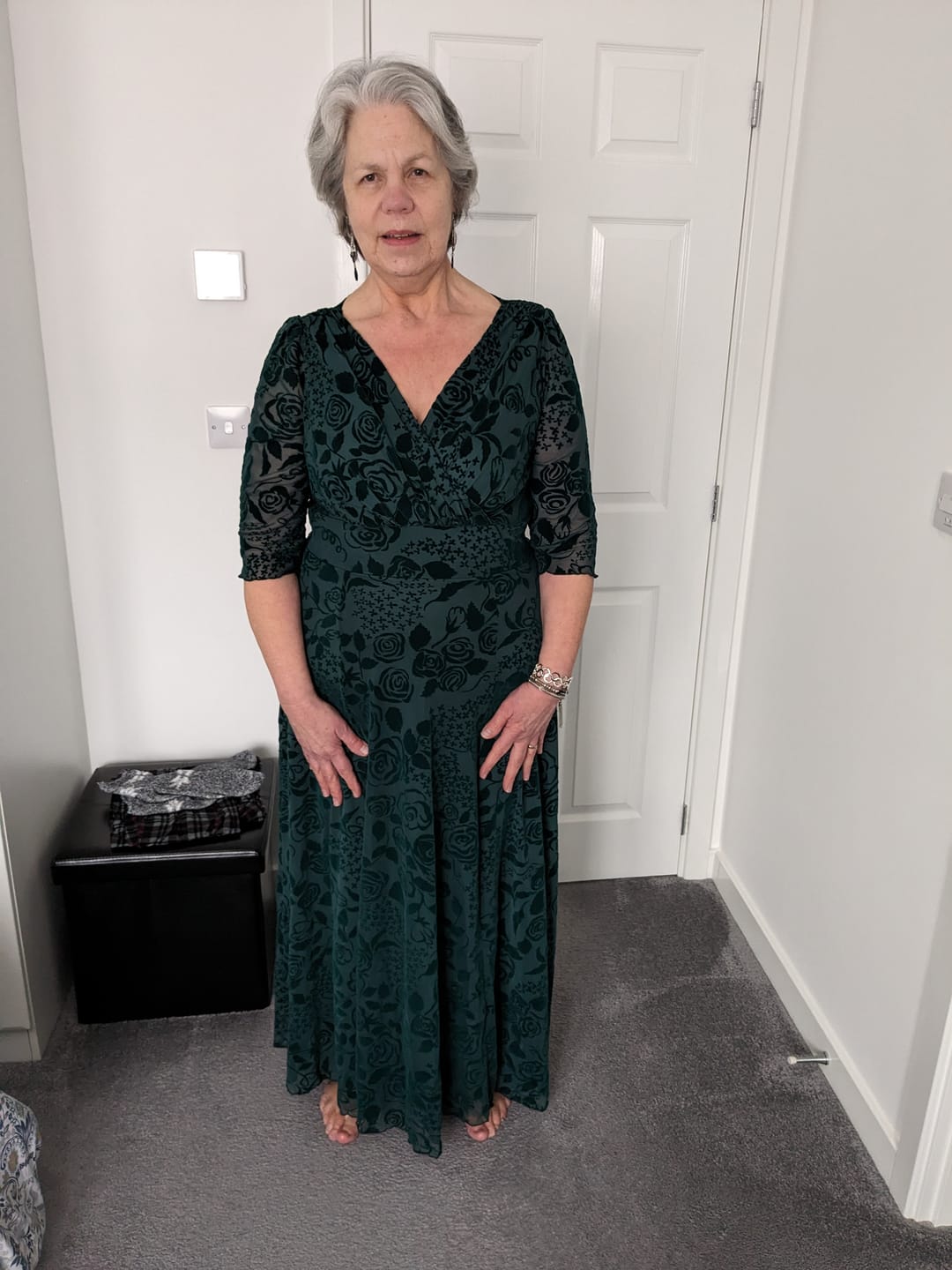 Customer photo review of Verity Chic Velvet Flock Maxi Gown in Dark Green