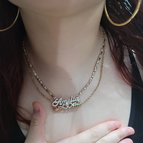 Customer photo review of The Double Plated Infinite Love Name Necklace with Hugs and Kisses Chain