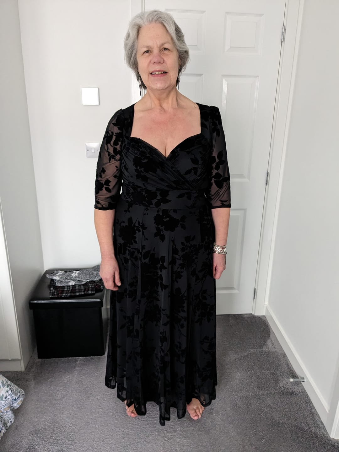 Customer photo review of Elizabeth Floral Velvet Flocked Mesh Maxi Gown