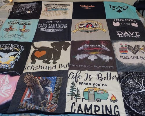 T-shirt quilt with music, travel themes by Tara from IN