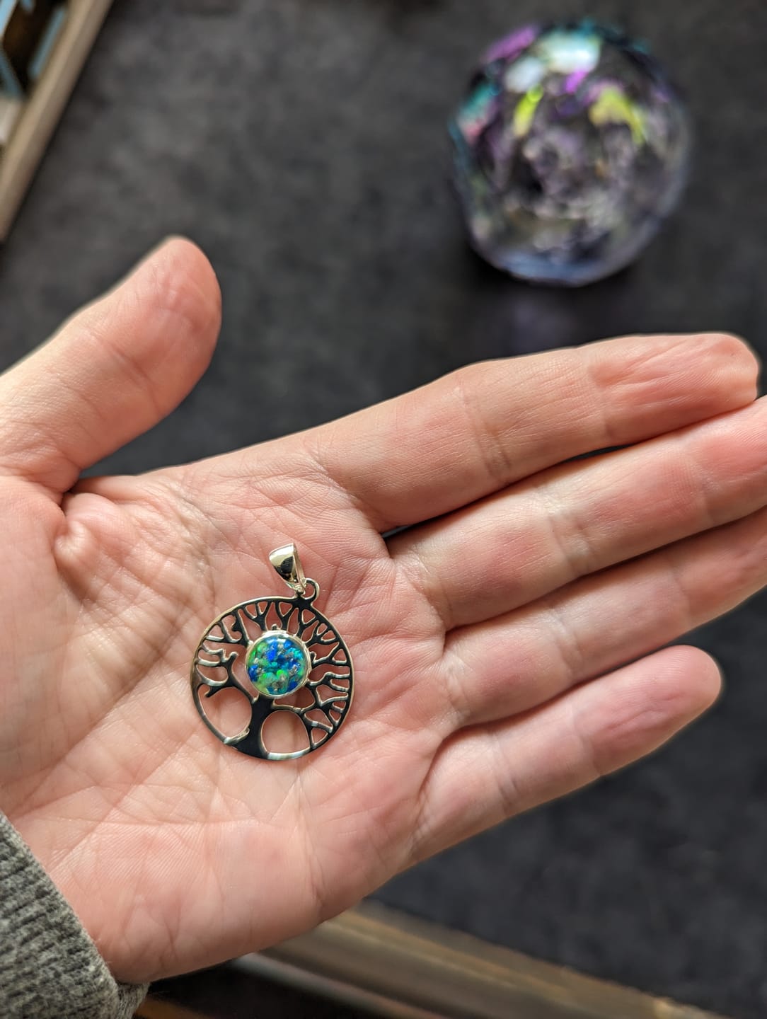 Customer photo review of Opal Tree of Life Pendant with Cremation Ashes