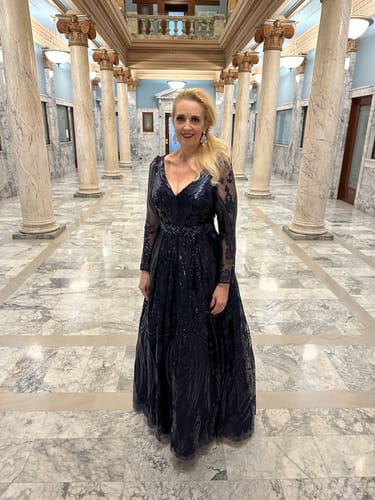 Customer photo review of Long Sleeve Embellished Evening Gown