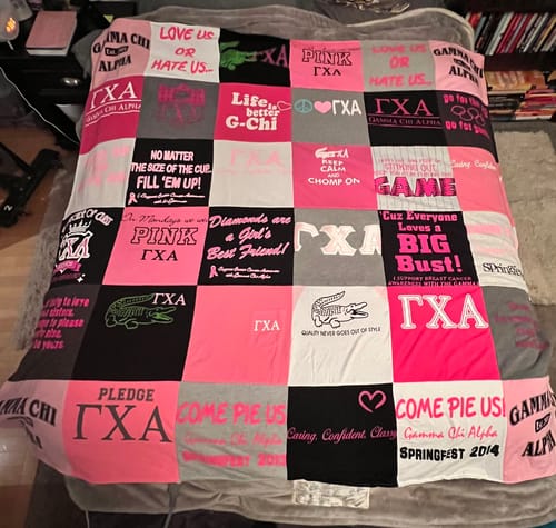 T-shirt quilt with sorority life, friendship themes by Erin from MI