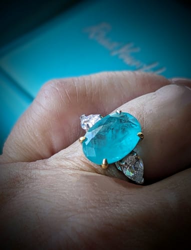 Customer photo review of Three Stone Oval Cut Paraiba Tourmaline Sterling Silver Ring