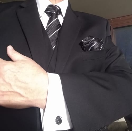 Customer photo review of Black White Line Striped Tie Pocket Square Cufflinks Set