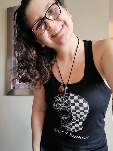 Customer photo review of Salty Savage Ladies Spliced Geo Skull Checkerboard Racerback Tank Top | Black