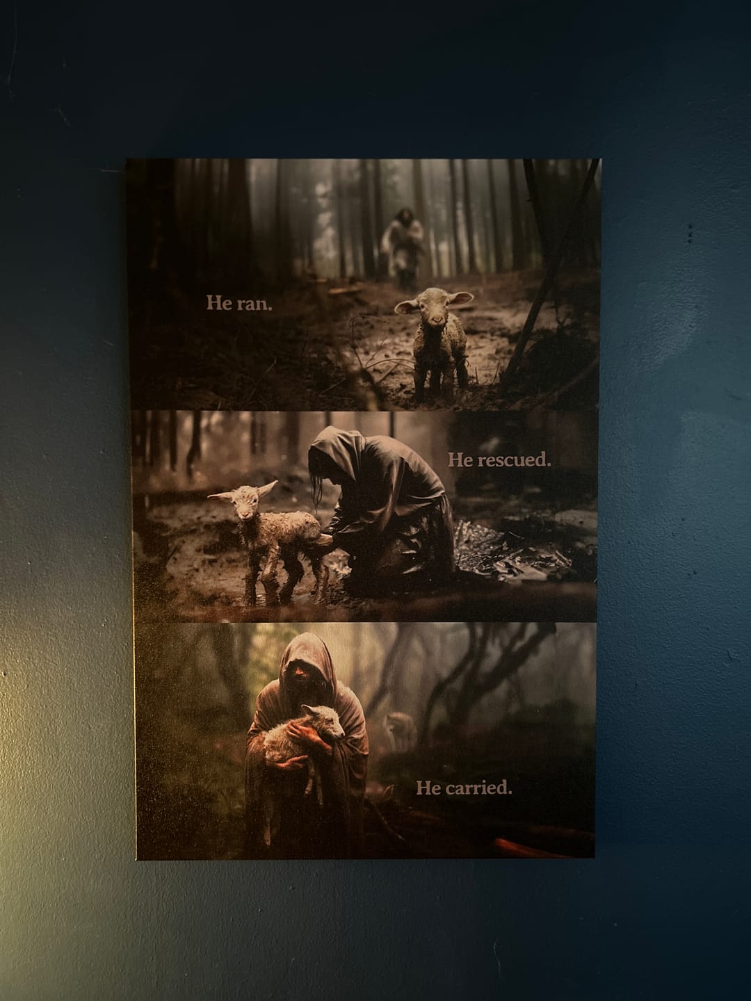 Customer photo review of He Ran, He Rescued, He Carried, Jesus and Lost Sheep, Wall Art Canvas