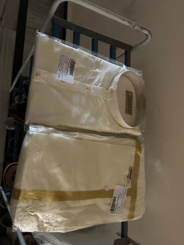 Customer photo review of UATHAYAM Subha Mangalam Cream Color Silk Kurta Full Sleeve & Panchakacham 2 in 1  Set For Men