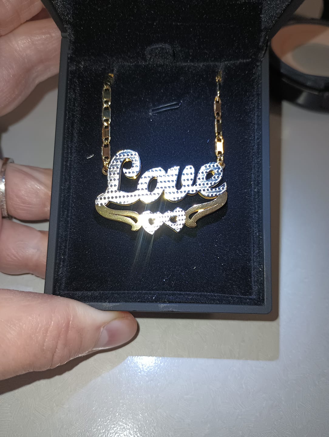 Customer photo review of Double Hearted 3D Plated Name Necklace