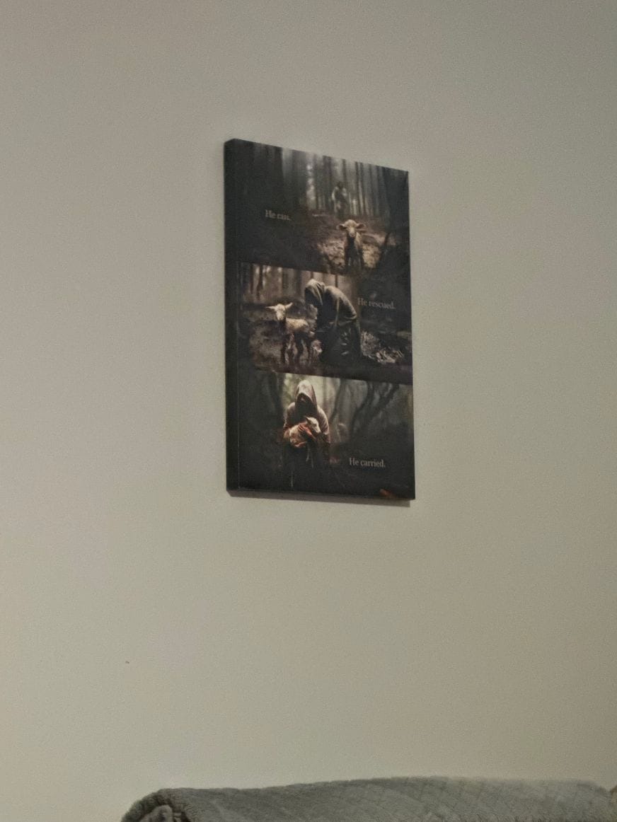 Customer photo review of He Ran, He Rescued, He Carried, Jesus and Lost Sheep, Wall Art Canvas