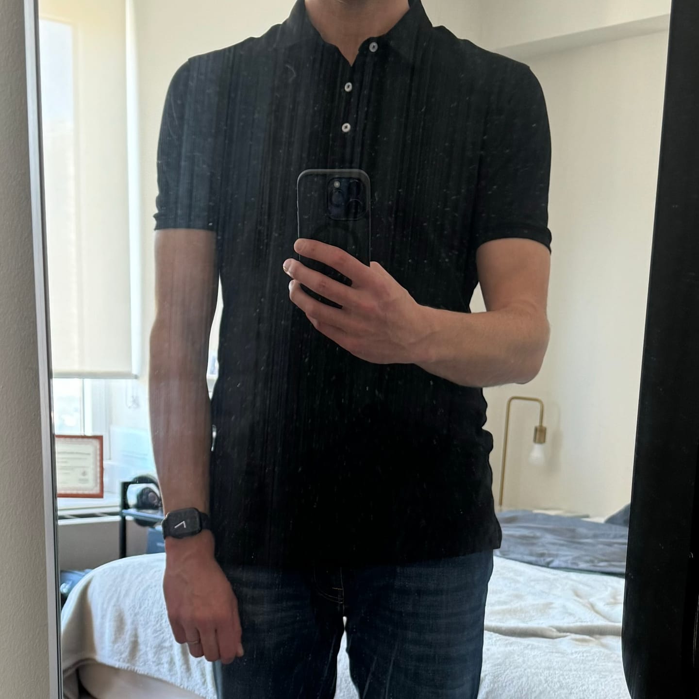 Customer photo review of Organic Tall Slim Pique Polo Shirt (Black)