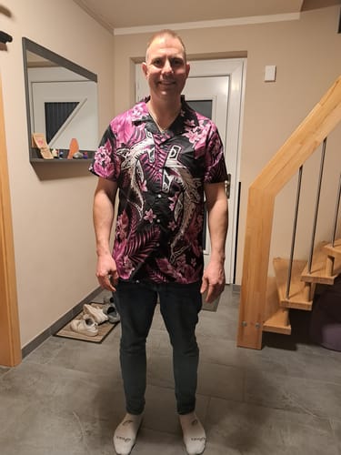 Customer photo review of Hawaii Summer Colorful Shark Hawaiian Shirt Purple LT6