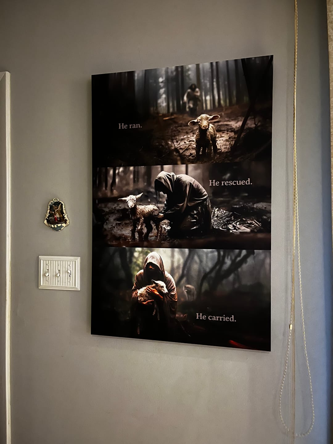 Customer photo review of He Ran, He Rescued, He Carried, Jesus and Lost Sheep, Wall Art Canvas