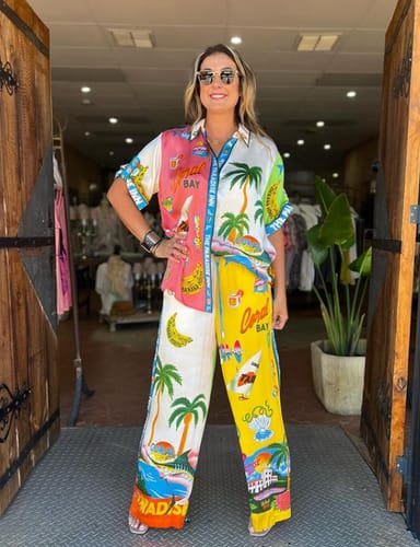 Customer photo review of Kissed By The Sun Satin Unique Print Colorblock Elastic Waist Pocketed Wide Leg Pants