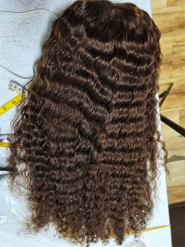 Customer photo review of Chocolate #4 Brown Deep Wave Glueless Wigs HD Transparent Lace Front Wigs