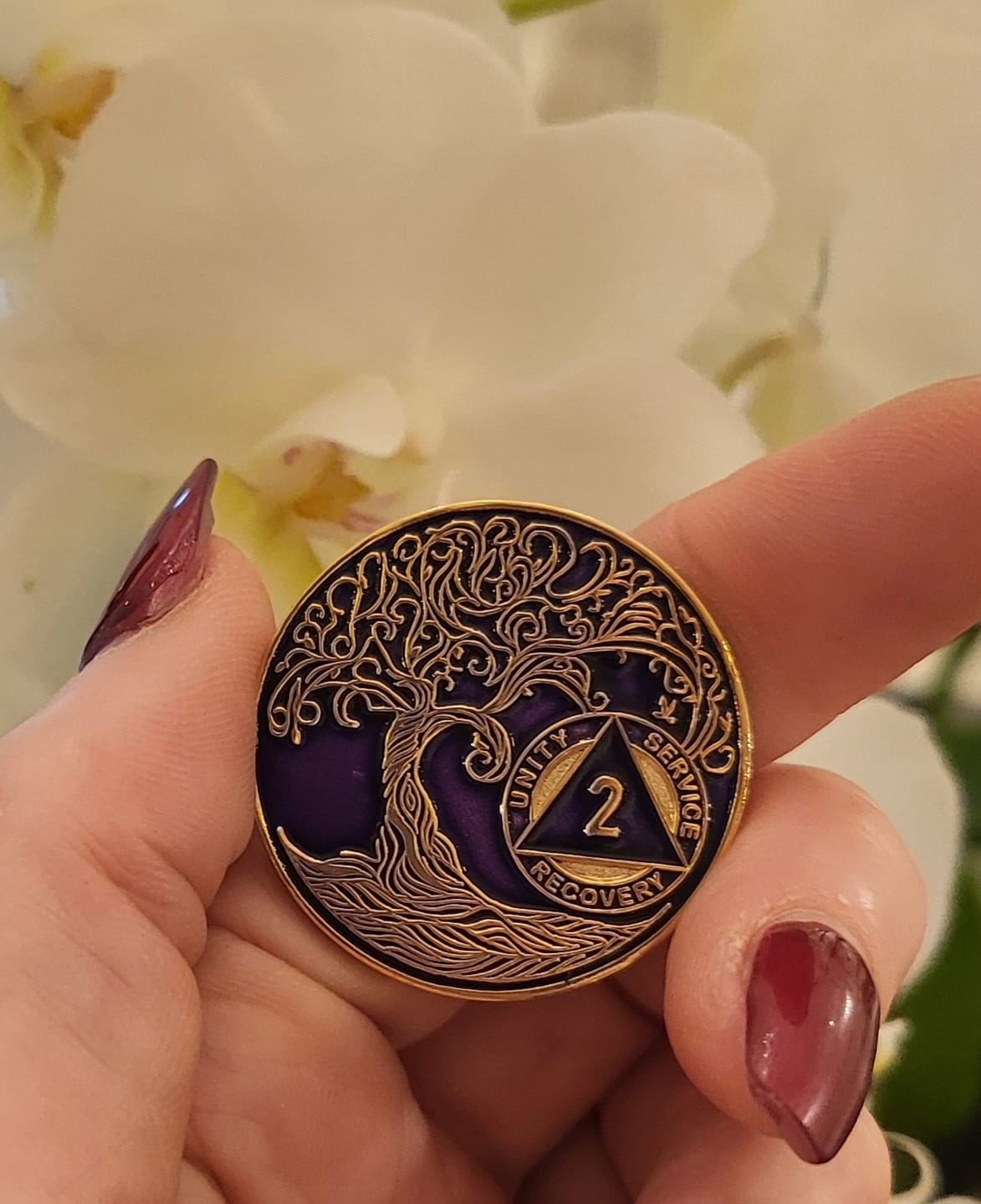 Customer photo review of 2 Year Sobriety Mint Twisted Tree of Life Gold Plated AA Recovery Medallion - Two Year Chip/Coin - Purple