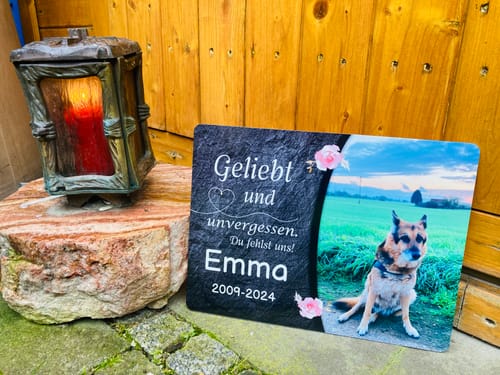 Customer photo review of Hunde Gedenktafel mit Foto & Spruch (UV- & Wetterfest)